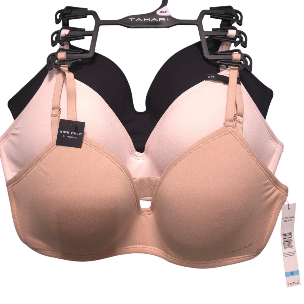 Tahari Womens Wire-Free All Day Comfort Bra 3 Pack Black Tan Nude 36C NWT